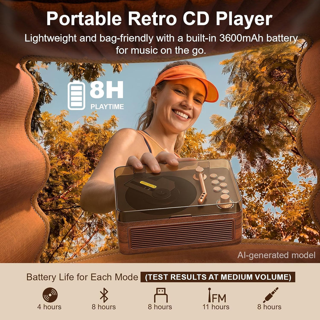 Gueray Tragbarer Bluetooth CD-Player mit Lautsprechern 3600mAh Wiederaufladbarer Vintage CD Spieler