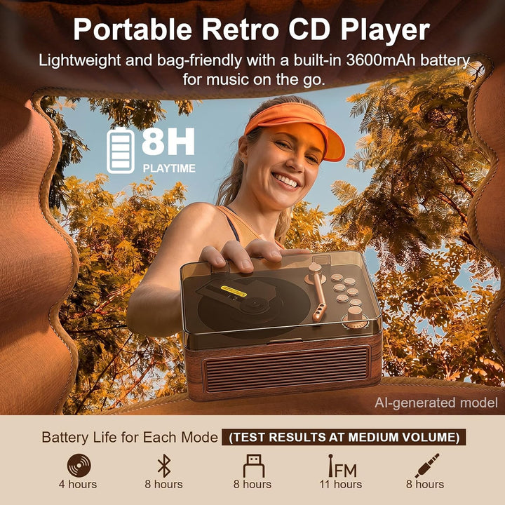 Gueray Tragbarer Bluetooth CD-Player mit Lautsprechern 3600mAh Wiederaufladbarer Vintage CD Spieler