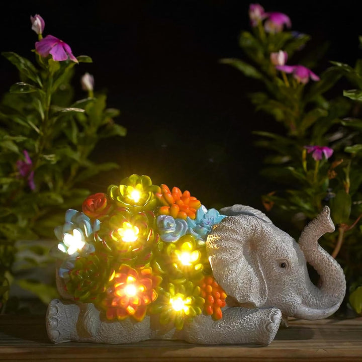 Yeomoo Elefant Deko mit Solarlampen Gartenfiguren Gartendeko für Draussen: Elefanten mit Sukkulenten