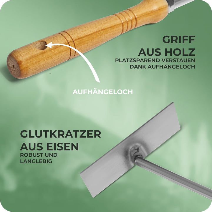 Aschekratzer mit Holzgriff Schürhaken Kohleschieber Feuerkratzer Glutschieber Kaminzubehör Kaminbest