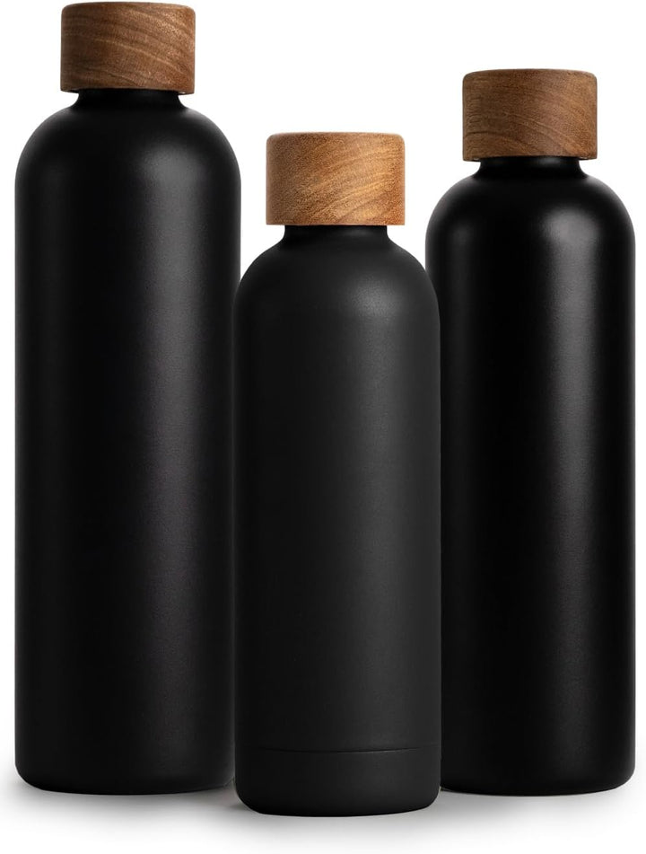 T&N Edelstahl Trinkflasche 500ml, Thermosflasche 0.5l mit Akazienholz Deckel, Isolierte Wasserflasch