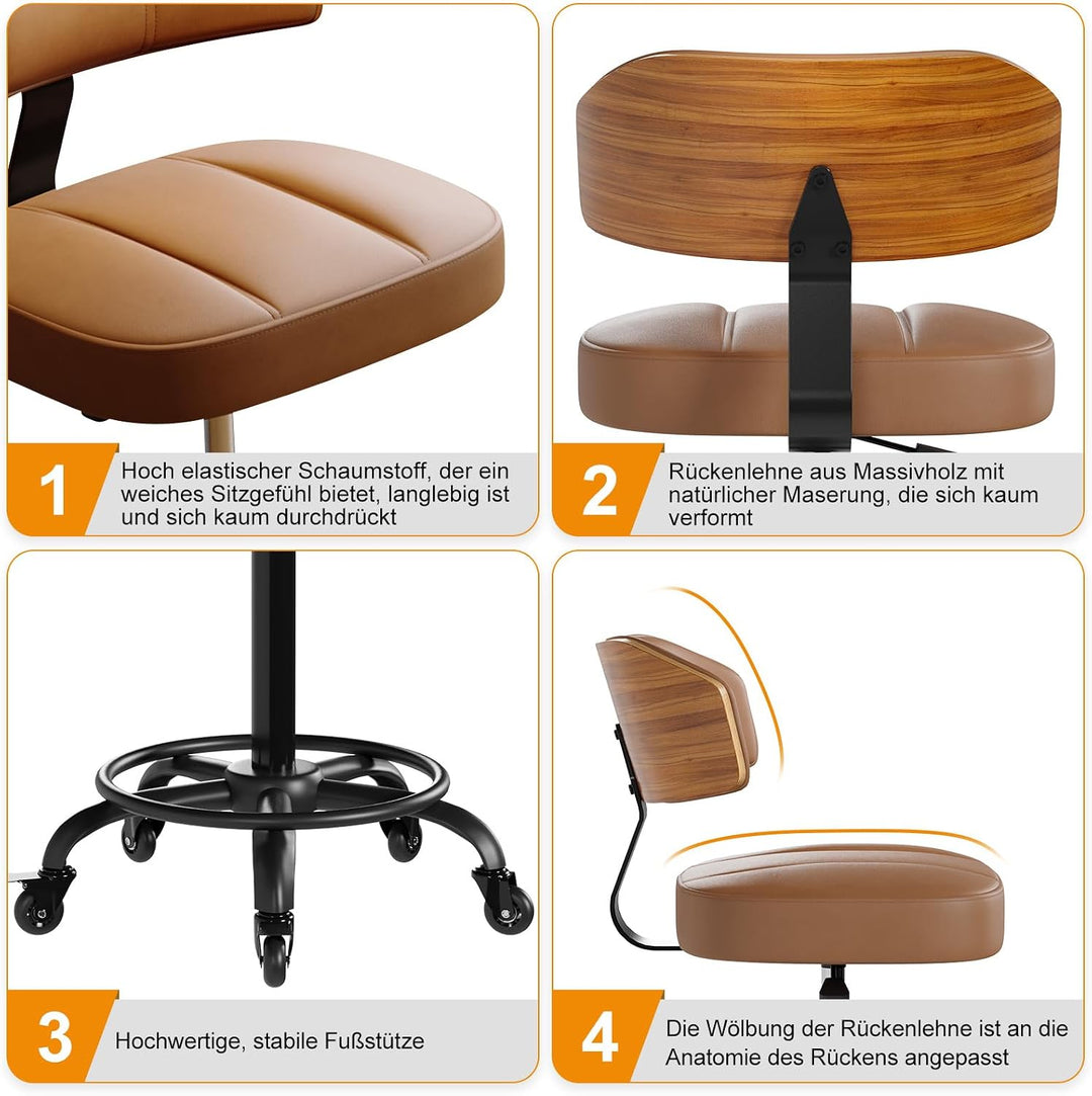 Rollhocker HöHenverstellbar, Bürohocker Ergonomisch,Arbeitshocker, Drehhocker 360°,Mit Massivholz Rü