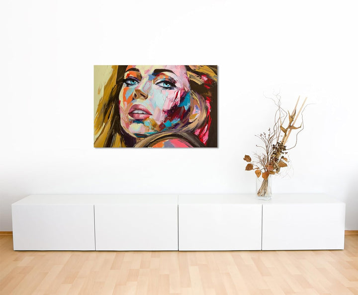 Paul Sinus Art Fotoleinwand 90x60cm Abstraktes Ölgemälde – Blonde Frau auf Leinwand Exklusives Wandb