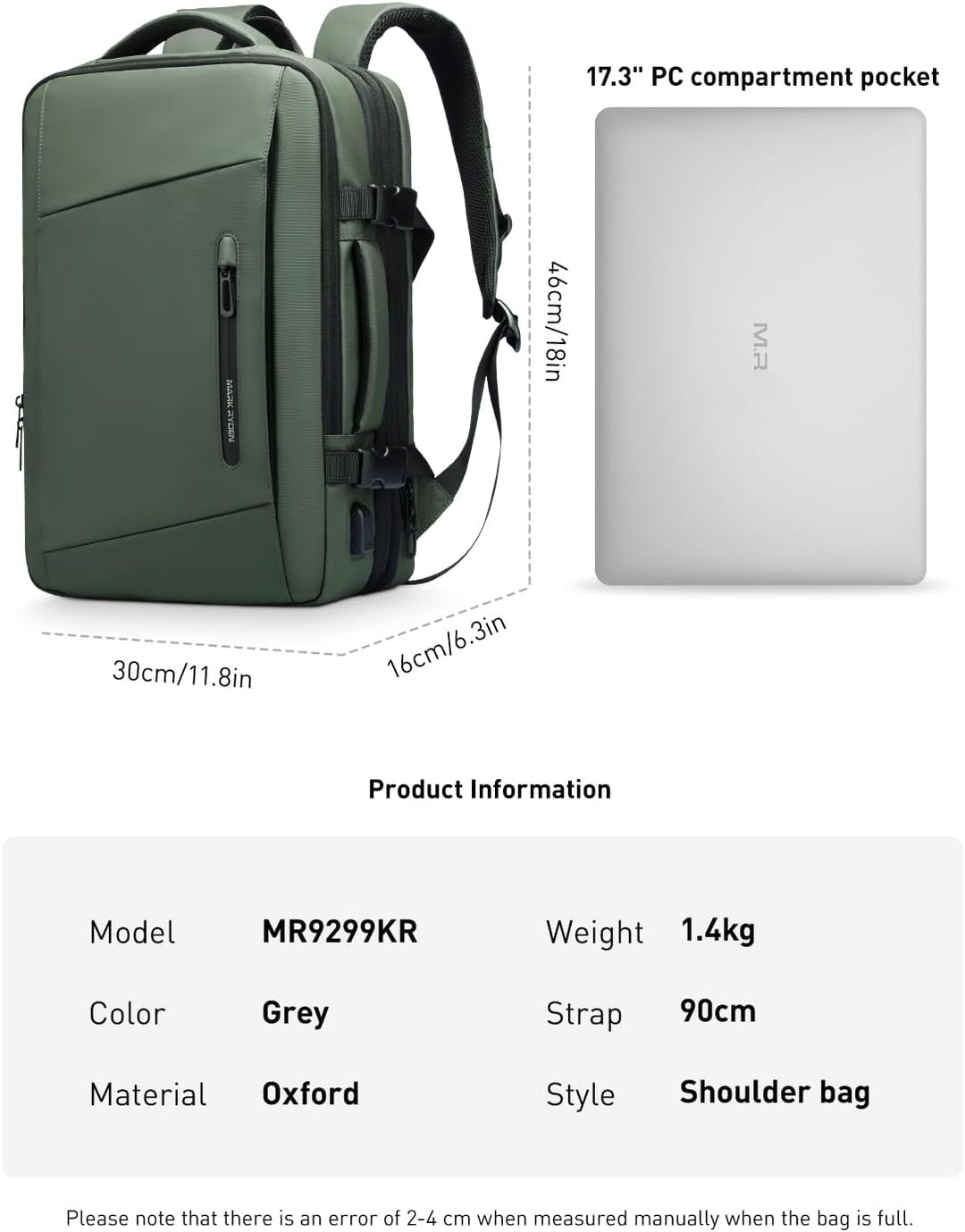 MARK RYDEN Business Rucksack Herren, Erweiterbarer 26L-38L Reiserucksack mit USB, Laptop Rucksack fü