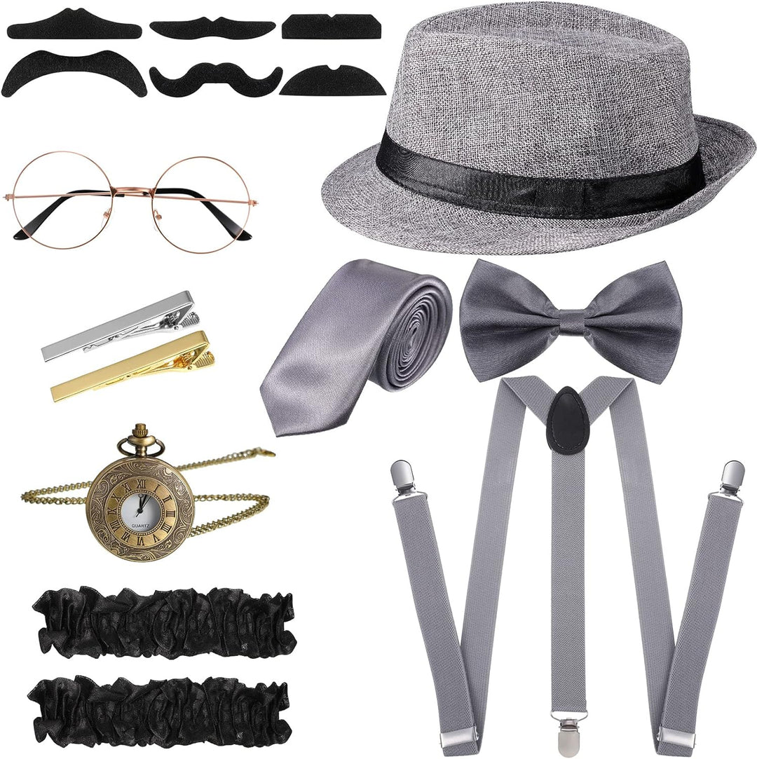 1920er Herren Kostüm Zubehör Set Roaring Retro Gangster Kostüm, Hut, Fliege, Krawatte, Taschenuhr, H