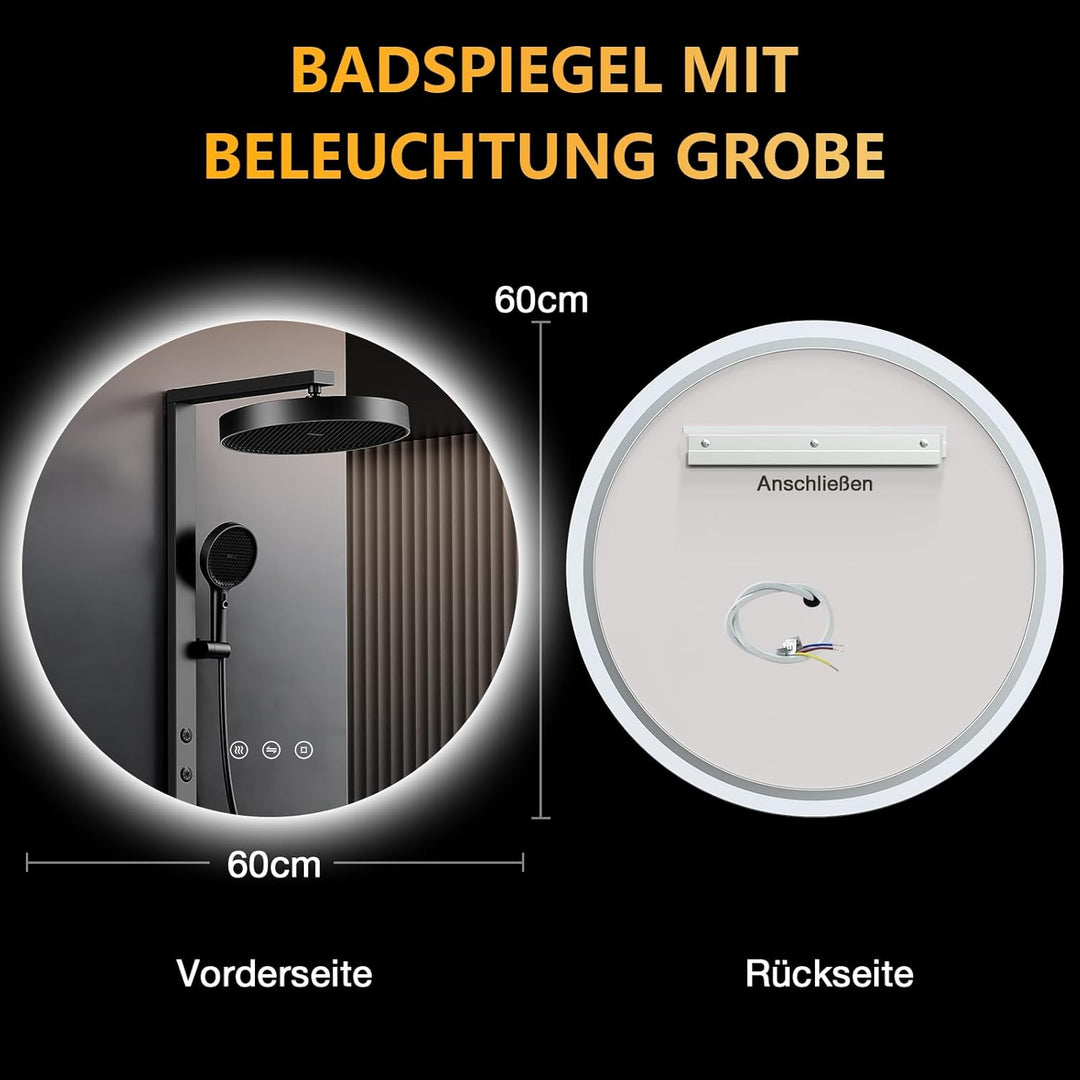 Runder Badezimmer Spiegel mit Beleuchtung, 60cm LED Bad Spiegel mit Licht, Antibeschlag, 3 Lichtfarb