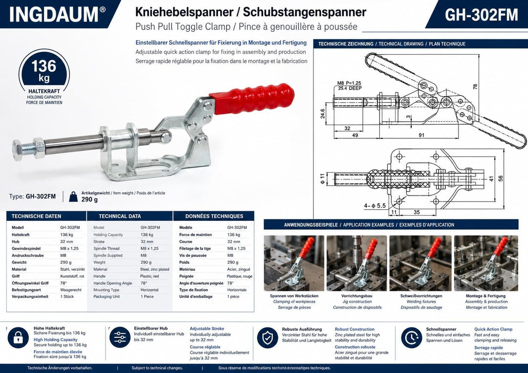 INGDAUM® 4 Stück GH-302FM Schubstangenspanner, Einstellbar, Kniehebelspanner, Schnellspanner Knebelk