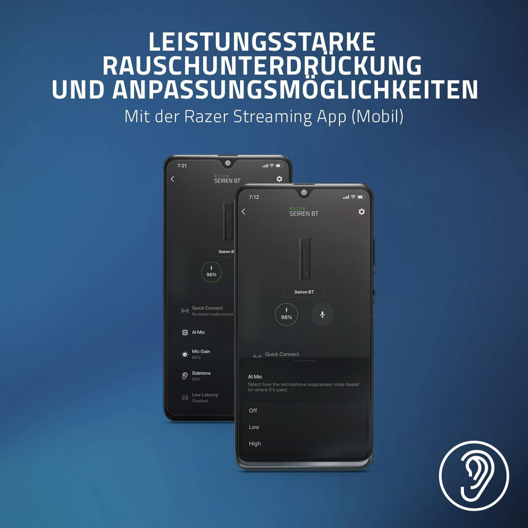 Razer Seiren BT Bluetooth-Mikrofon für Android-Geräte, mobiles/PC-Streaming, Clip-on-Design, kabello