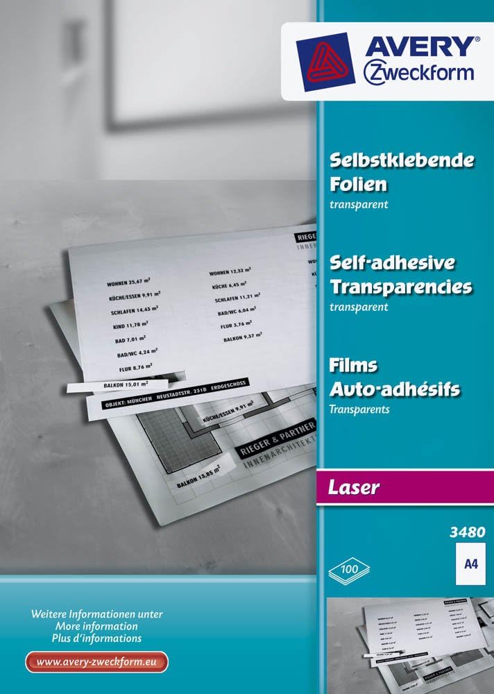 AVERY Zweckform 3480 Transparente Folien für Laserdrucker und Kopierer (100 selbstklebende Folien, A
