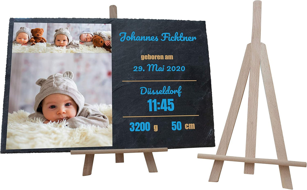 wandmotiv24 Schieferplatte mit eigenen Fotos zur Geburt, 30 x 20 cm, inklusive Staffelei, 4 Fotos +
