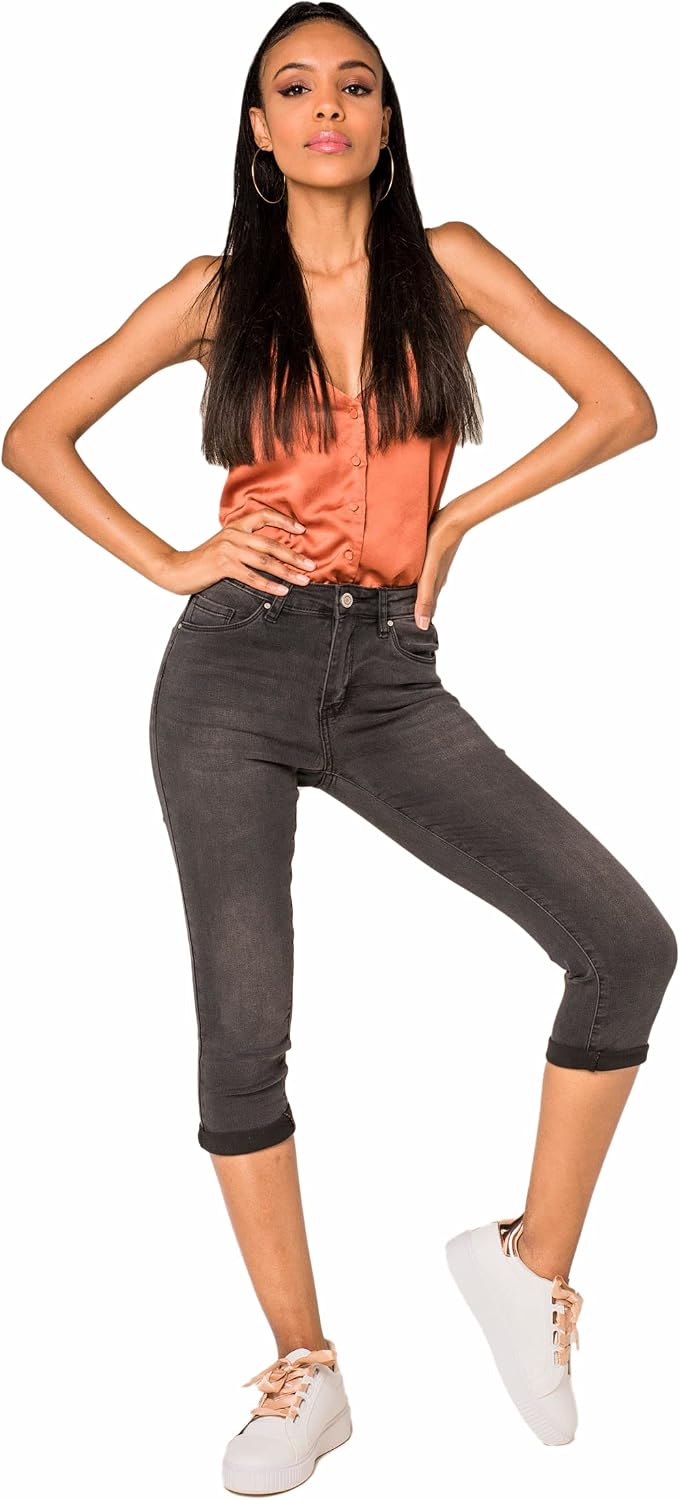 Nina Carter P132 Damen Capri Skinny Fit Jeanshosen HIGH Waist Jeans Used-Look Waschungseffekt L Slim