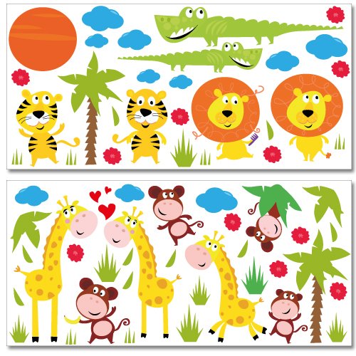 Wandkings Dschungeltiere Wandsticker Megapack Set, 76 Aufkleber, Gesamtfläche 260 x 70 cm