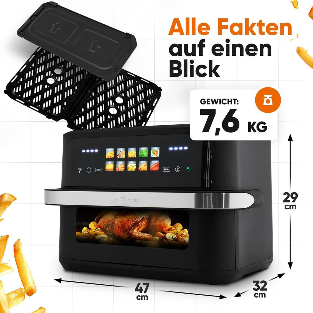 ProfiCook® XXL Heissluftfritteuse | 10L | Öl und Fettfrei | buntes Touch-Display | 2400W Airfryer |