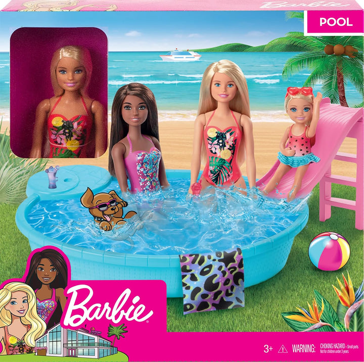 Barbie-Pool, 1x Puppe mit blonden Haaren, Pool und Rutsche, Accessoires, Geschenk für Kinder, Spielz