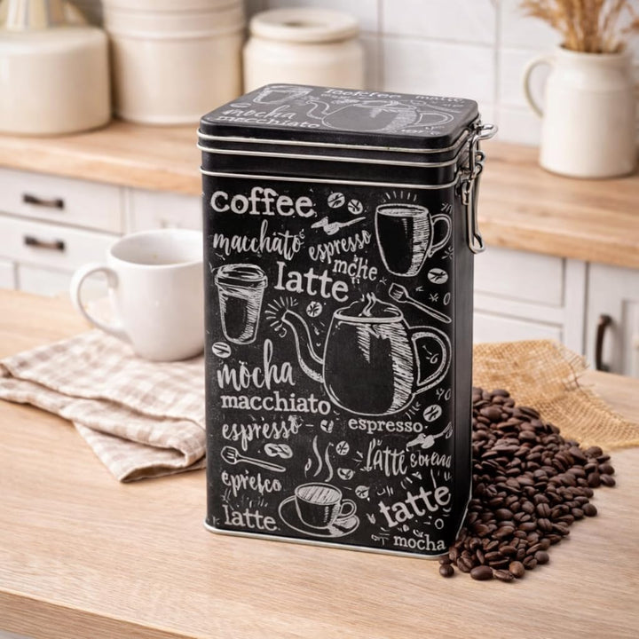 Rechteckige Kaffeedose im Vintage-Stil, schwarz/weiss, Retro-Blechdose für die Küche, hermetisch abg
