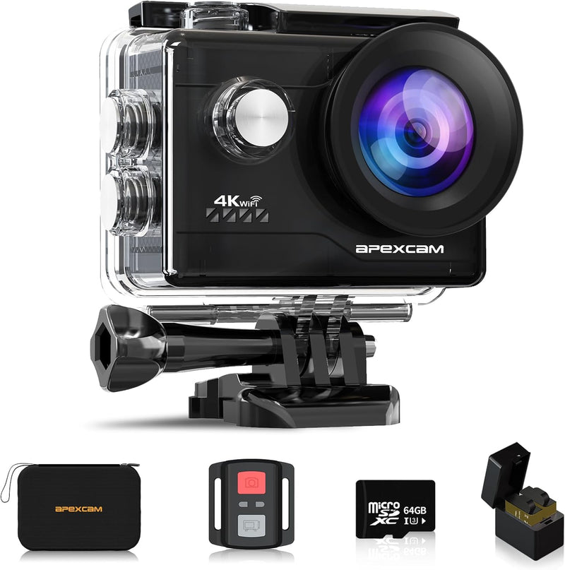 Apexcam 4K Action Cam 20MP mit 64GB Speicherkarte WiFi Sports Kamera Ultra HD Unterwasserkamera 40m