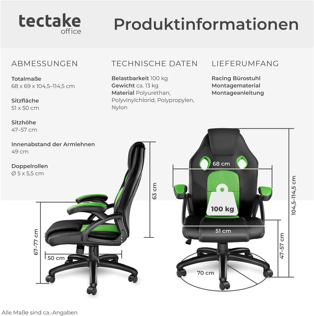 tectake® Racing Bürostuhl, Gaming Stuhl mit Wippfunktion, Chefsessel, Drehstuhl mit Rollen, höhenver