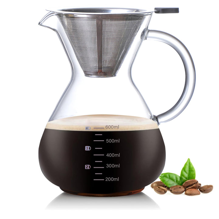Pour Over Kaffeebereiter, 600ml Glas Kaffeekanne mit Filter und Hitzebeständigem Griff, Pour Over Co