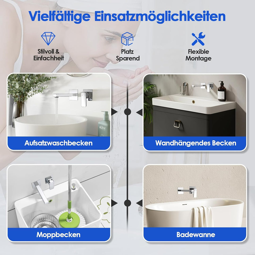 ROVOGO Waschtischarmatur Unterputz für Wandmontage, 2-Loch Wasserhahn Bad aus Edelstahl 304, Einhebe
