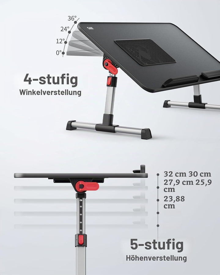 Kühltisch, Schreibtisch mit USB Anschluss, SAIJI Betttisch, Lapdesk mit Ventilator, Verstellbarer La