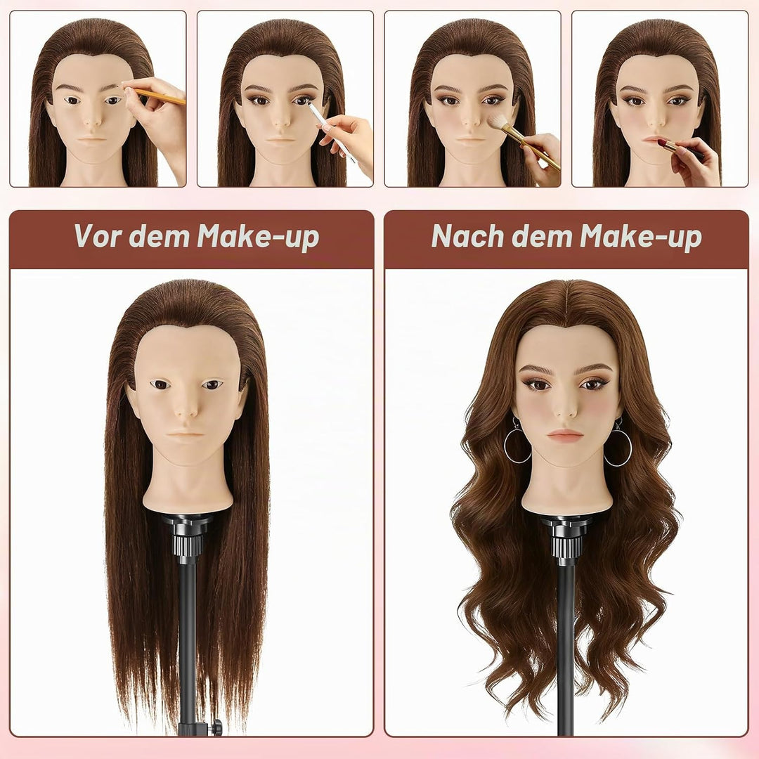 Frisierkopf Echthaar,23inch 80% Mannequin Kopf,Schminkkopf für Übungskopf Friseur,Puppenkopf zum Fri