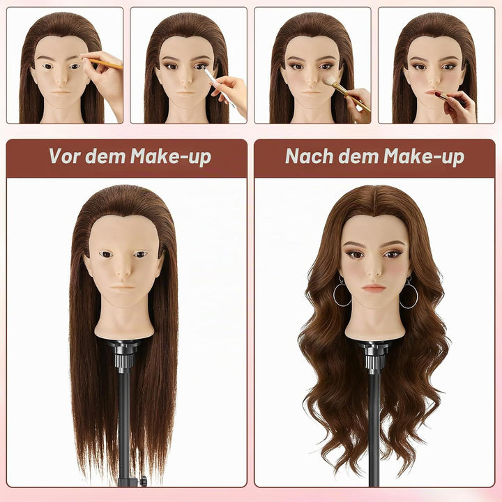 Frisierkopf Echthaar,23inch 80% Mannequin Kopf,Schminkkopf für Übungskopf Friseur,Puppenkopf zum Fri