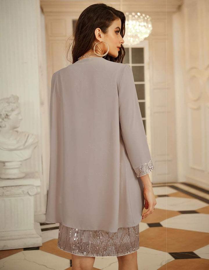 GRACE KARIN Damen Ärmelloses Rundhals Pailletten Cami Kleid Elegant Zweiteiler Tüll Cardigan Abendkl