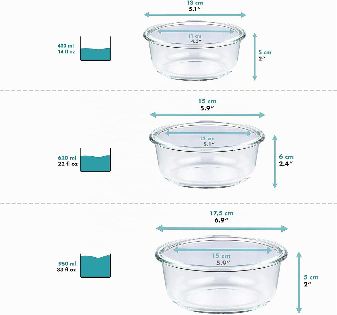 Grizzly Glas Frischhaltedosen, 3er Set, 400 ml, 620 ml, 950 ml, luftdicht, rund, Click-Verschluss, V