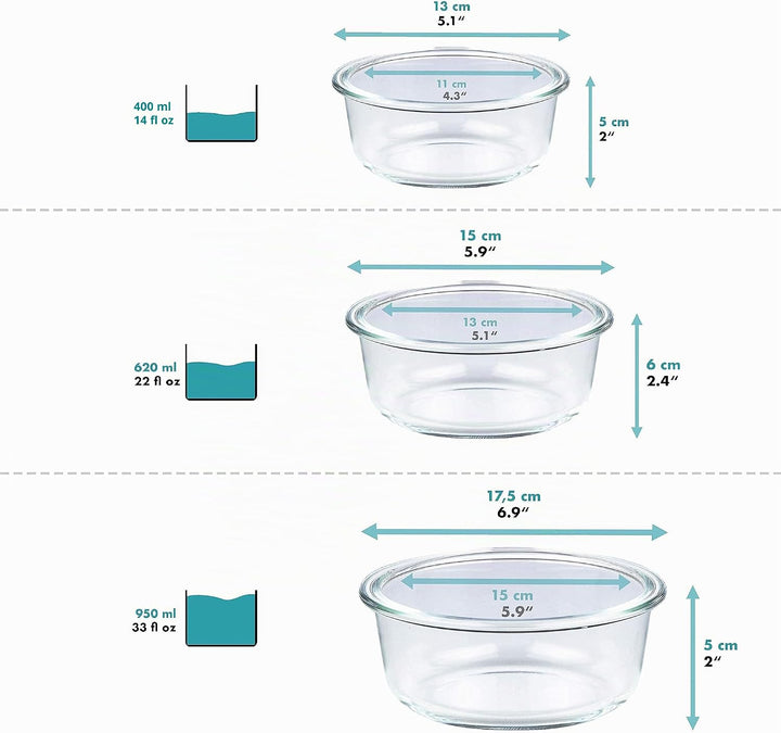 Grizzly Glas Frischhaltedosen, 3er Set, 400 ml, 620 ml, 950 ml, luftdicht, rund, Click-Verschluss, V