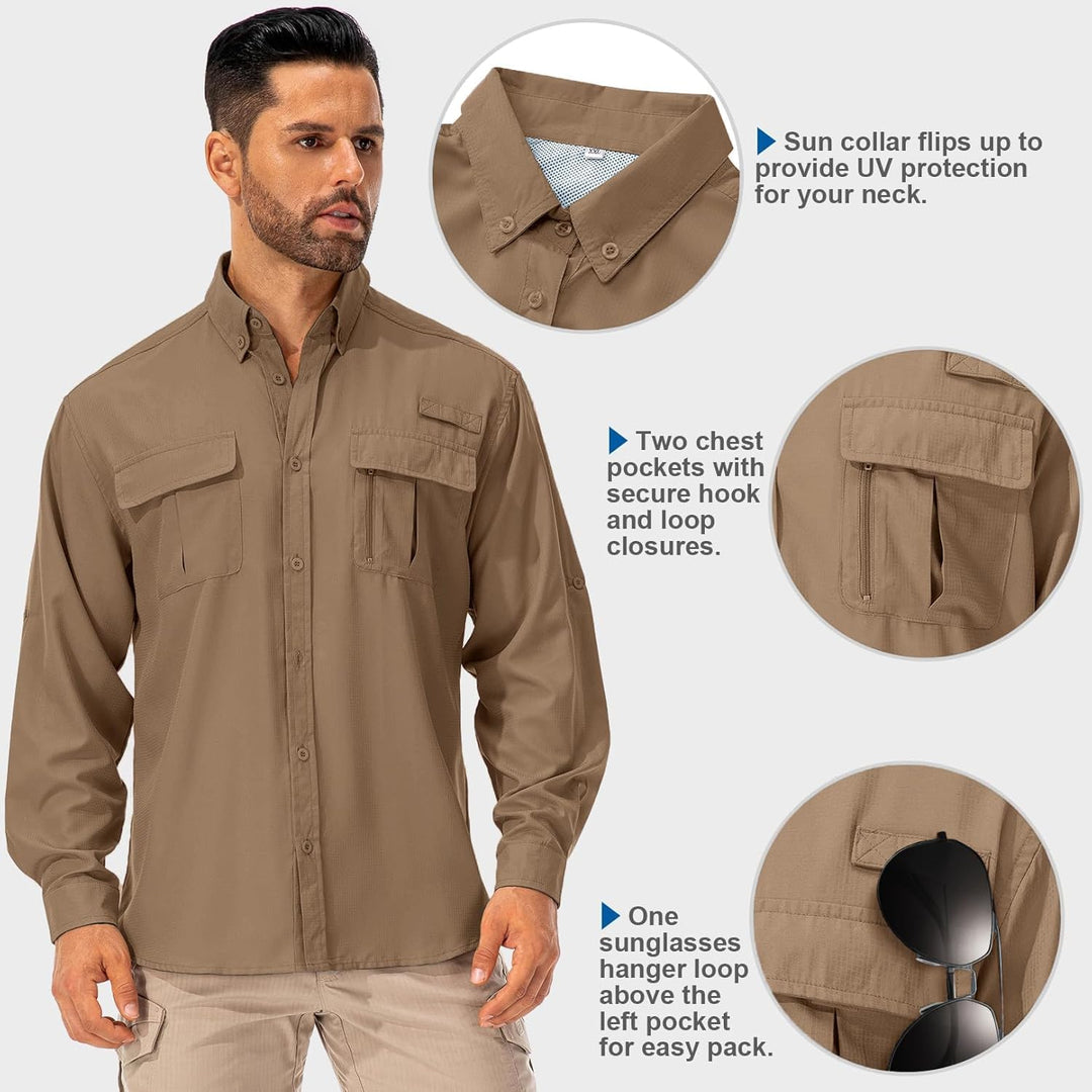 Hemd Herren Safari UPF50+ UV Schutz Wanderhemd Herren Langarm Funktionshemd Outdoorhemd Atmungsaktiv