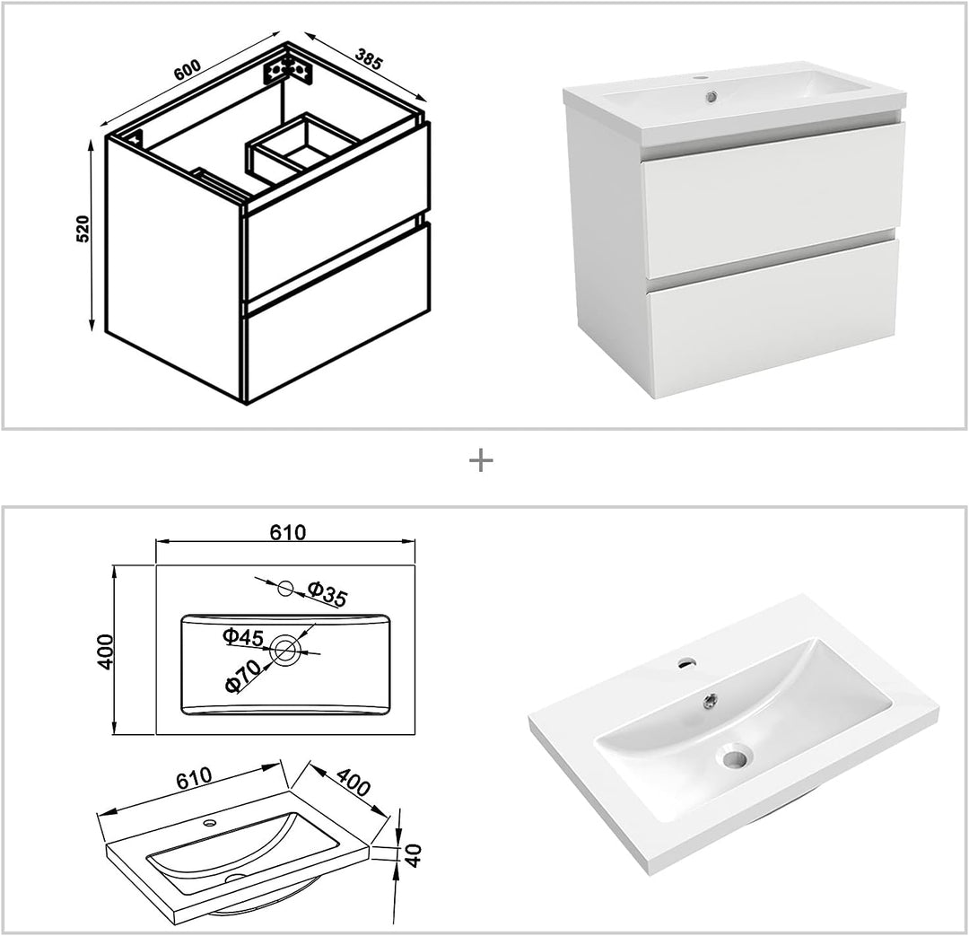 Aica Sanitär Waschtisch mit Unterschrank 60 cm Badmöbel Set mit Waschbecken Mineralguss Gäste WC Wei
