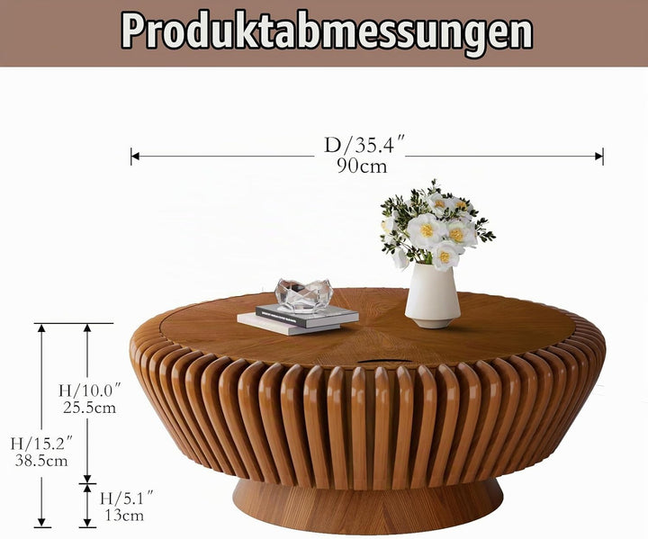 35,5" Runder Trommel-Kaffeetisch mit Stauraum, Nussholz-Gerillter Couchtisch für Wohnzimmer &amp; Apartm