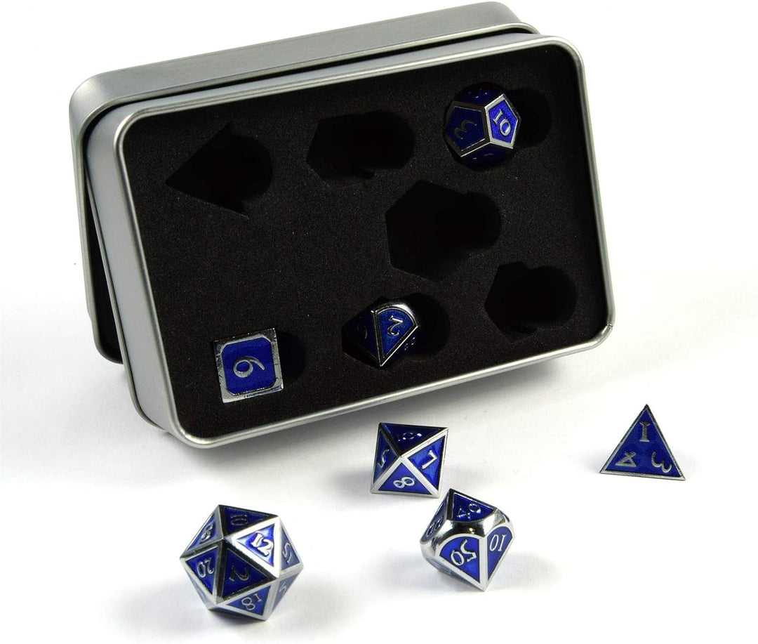 shibby 7 polyedrische Metall-Würfel für Rollen- und Tabletopspiele in Steampunk Silber/Blau-Optik in