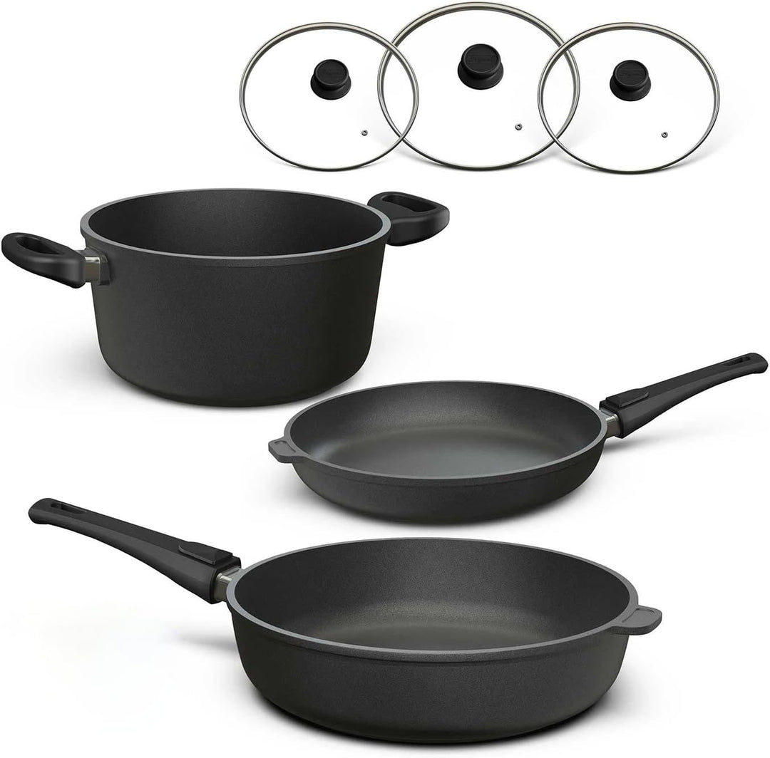 Hoffmann Aluguss Topf und Pfannenset mit Glasdeckel und abnehmbarem Stiel, 6-teilig I Für alle Herda