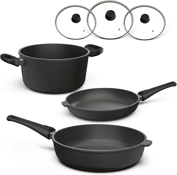 Hoffmann Aluguss Topf und Pfannenset mit Glasdeckel und abnehmbarem Stiel, 6-teilig I Für alle Herda