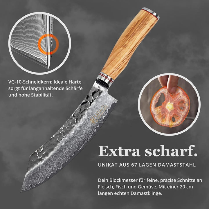 Wakoli Olive HS Serie Damastmesser Blockmesser 20 cm Klinge extrem scharf aus 67 Lagen I Damast Prof