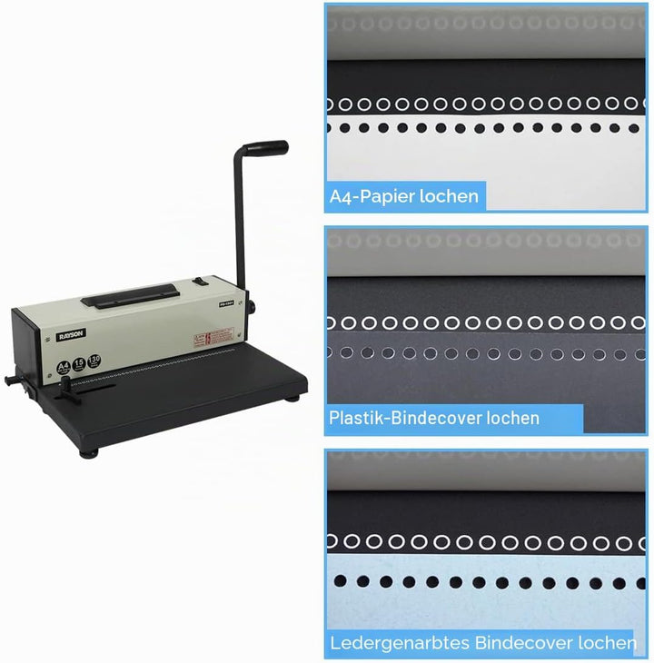 RAYSON Spiralbindegerät, 4:1 Teilung, mit Elektrischer Binderolle, 46 Löcher, A4, PD-1501