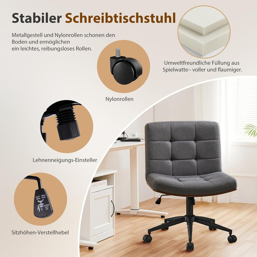 Bürostuhl Braun mit Stabiler Holzstützung, Schreibtischstuhl ohne Armlehne, Drehstuhl Büro mit Rolle
