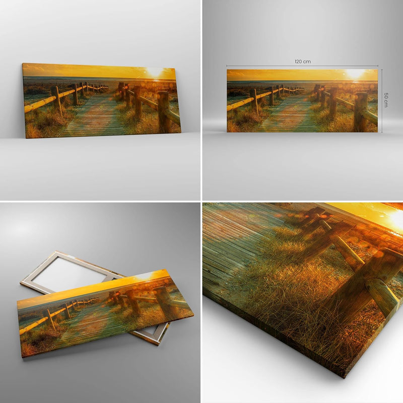 Wandbilder Dekoration Wohnzimmer Fussgängerbrücke Strand Urlaub Sonne Bilder auf Leinwand 120x50cm L