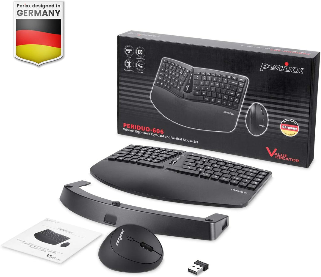 Perixx Periduo-606 Kompakt-Tastatur-Set, ergonomisch, kabellos, vertikal, tragbar, mit Verstellbarer