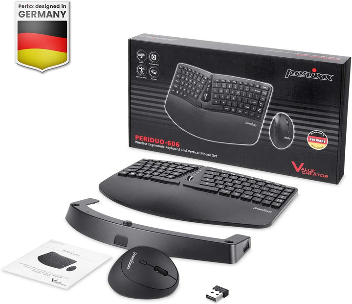 Perixx Periduo-606 Kompakt-Tastatur-Set, ergonomisch, kabellos, vertikal, tragbar, mit Verstellbarer