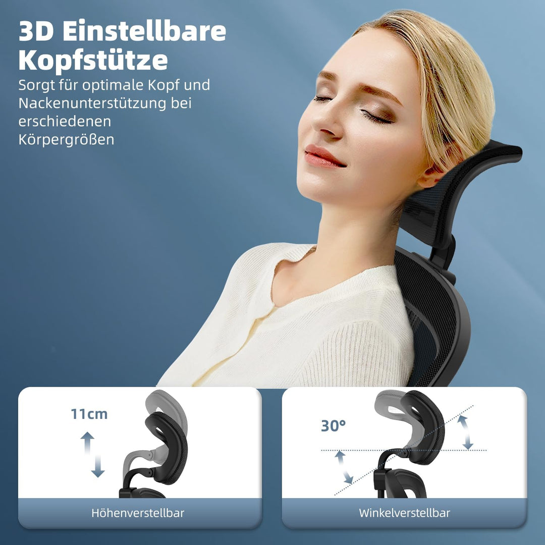 Bürostuhl, Schreibtischsessel mit Kopfstütze und Weiche Lordosenstütze, Bürostuhl ergonomisch Wippfu