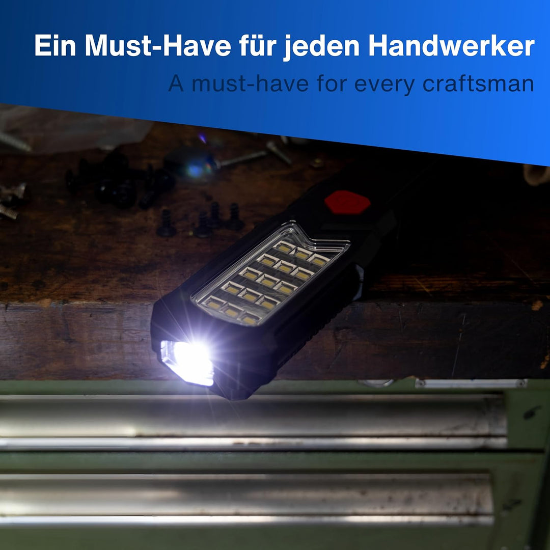 REV LED Arbeitsleuchte TORCH – Kompakte Akku Handlampe mit 360° Magnetfuss & Aufhängehaken, ideal fü