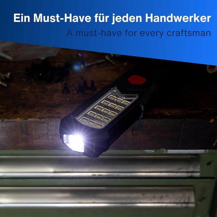 REV LED Arbeitsleuchte TORCH – Kompakte Akku Handlampe mit 360° Magnetfuss & Aufhängehaken, ideal fü