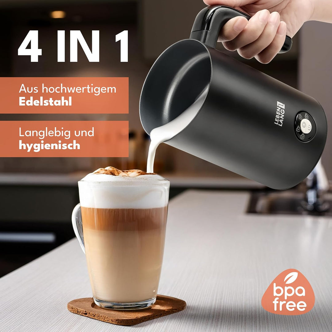 LEBENLANG Milchaufschäumer Elektrisch - 100% BPA-Frei & 4 Modi inkl. Ersatz Schneebesen I 240ml Milc