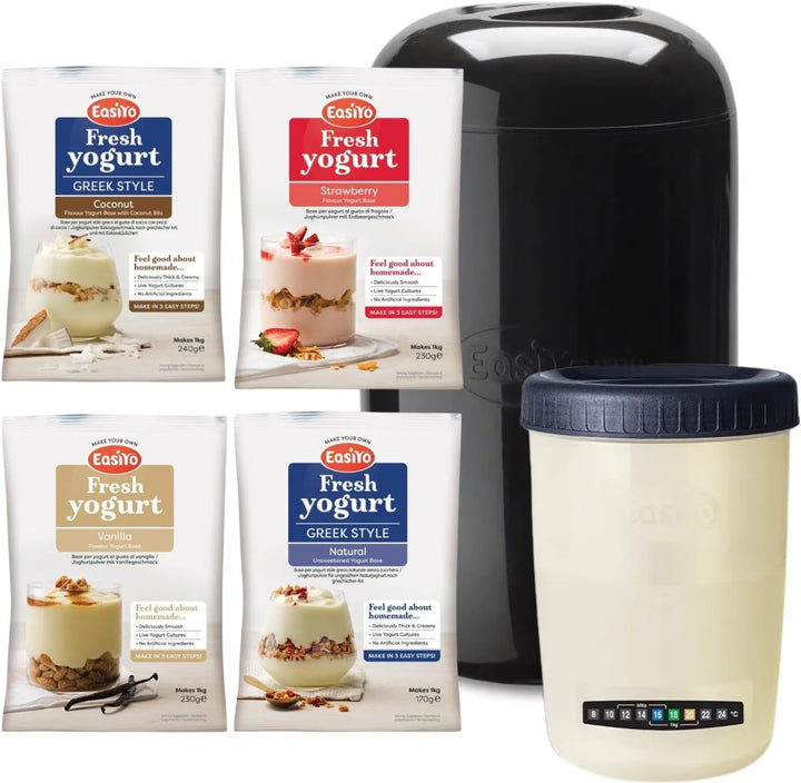 EasiYo Joghurtbereiter Schwarz (1 kg) Starter-Set | Inklusive 4 Joghurt-Sachets: Natur, Erdbeere, Va