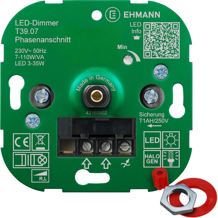 Ehmann LED Unterputz-Dimmer, Phasenanschnitt, 230 V, 50 Hz, Leistung: LED 3-35 W, 7-110 W/VA, inkl.