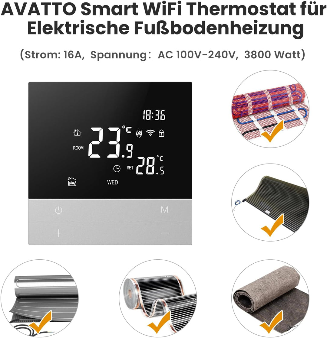 AVATTO Thermostat für Elektrische Fussbodenheizung Smart WiFi Thermostat Programmierbar Raumthermost