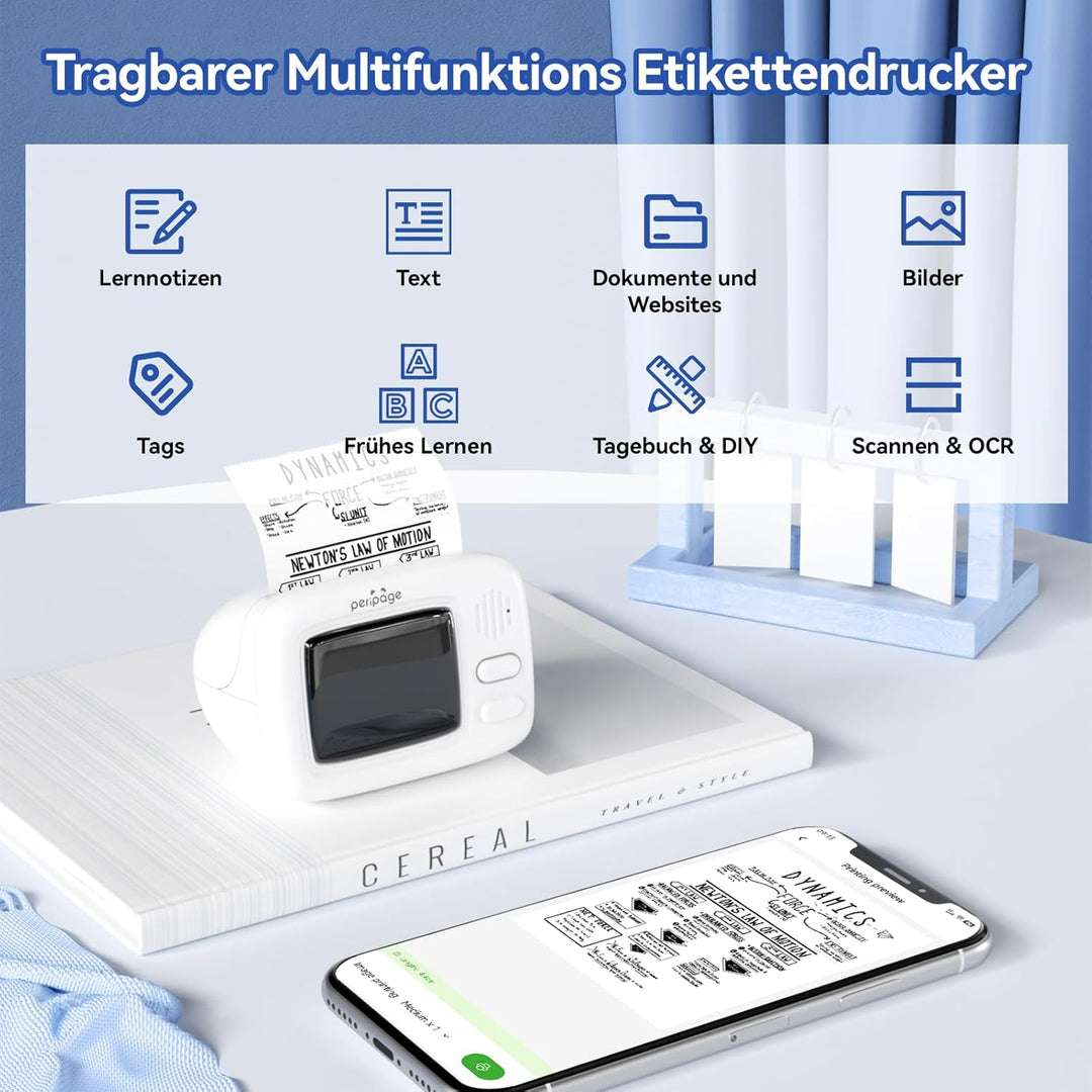 PeriPage Mini Aufkleber Thermodrucker, Tragbarer Mini Bluetooth Drucker, Taschen Thermodrucker für D