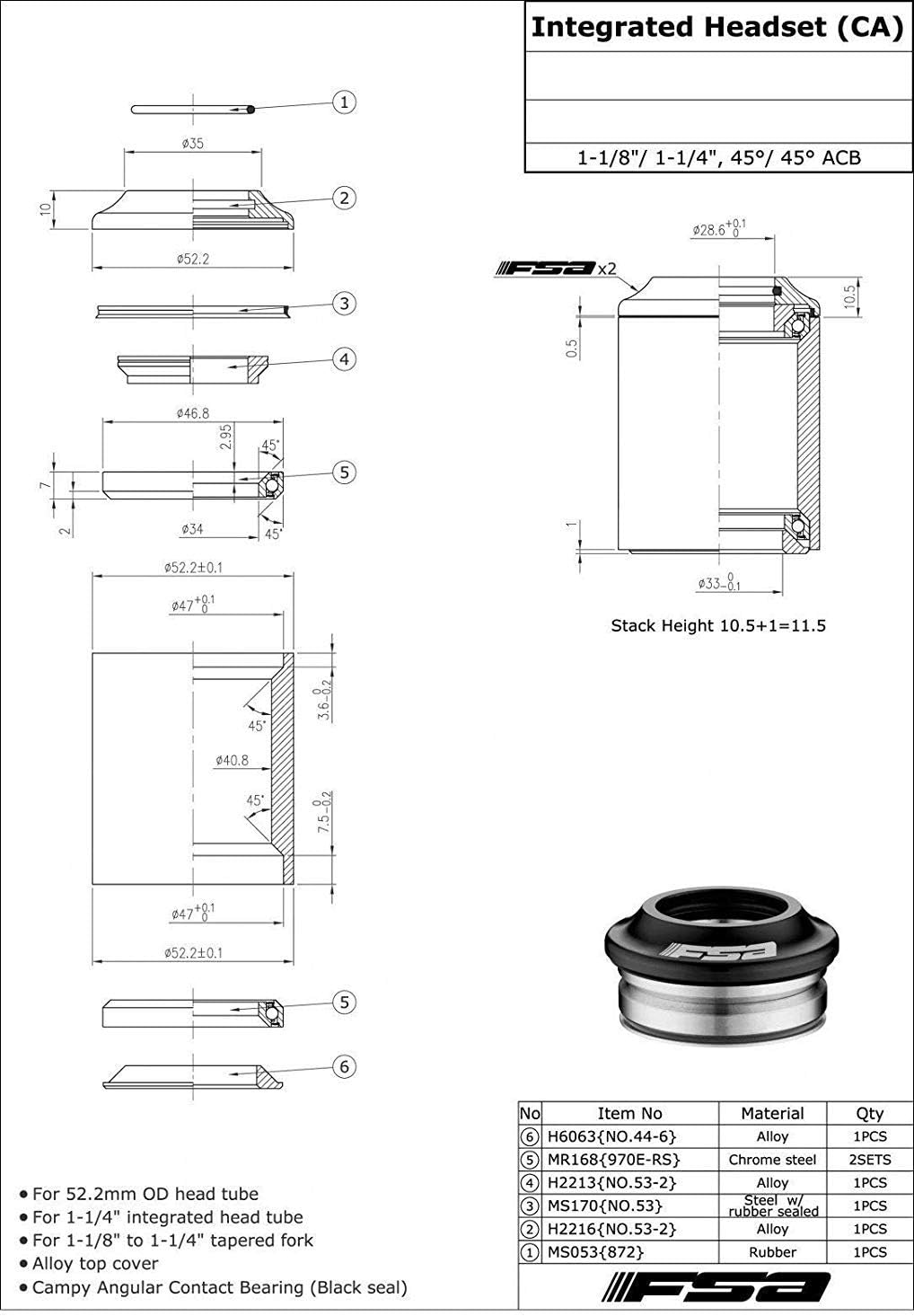 FSA Nr. 53-1 1-1/8 Zoll bis 1-1/4 Zoll integriertes Headset mit oberer Kappe, XTE1670